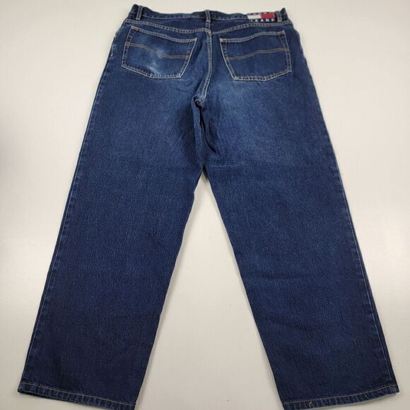 Vintage Y2K Tommy Jeans Dark Wash Denim Baggy Wide Leg Pants Size 38x30 Big Flag - Picture 1 of 10